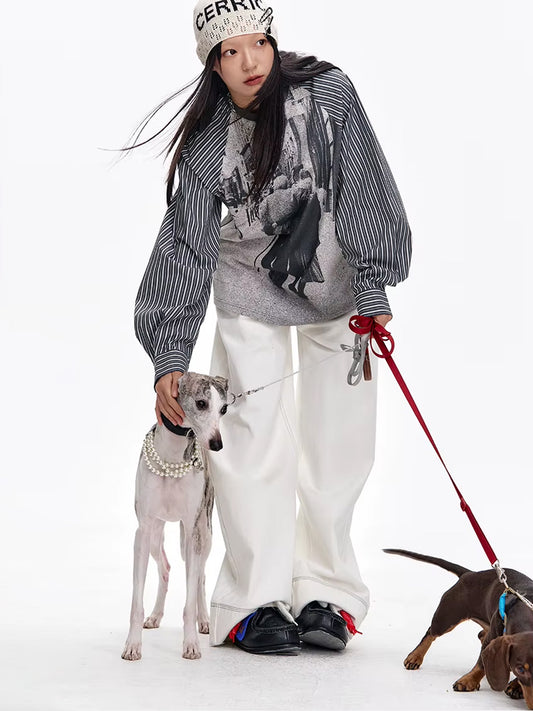 Y2K Photo-Print Top with Striped Sleeves
