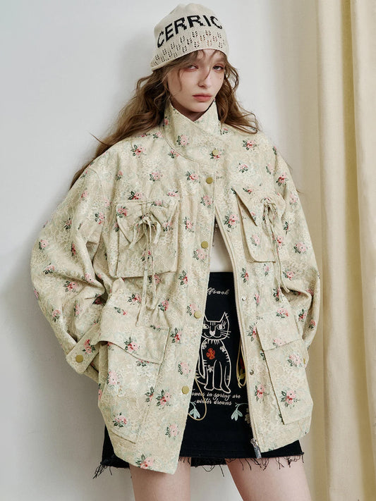 Sweet lace bow print loose coat women zipper long sleeve mid-length jacket