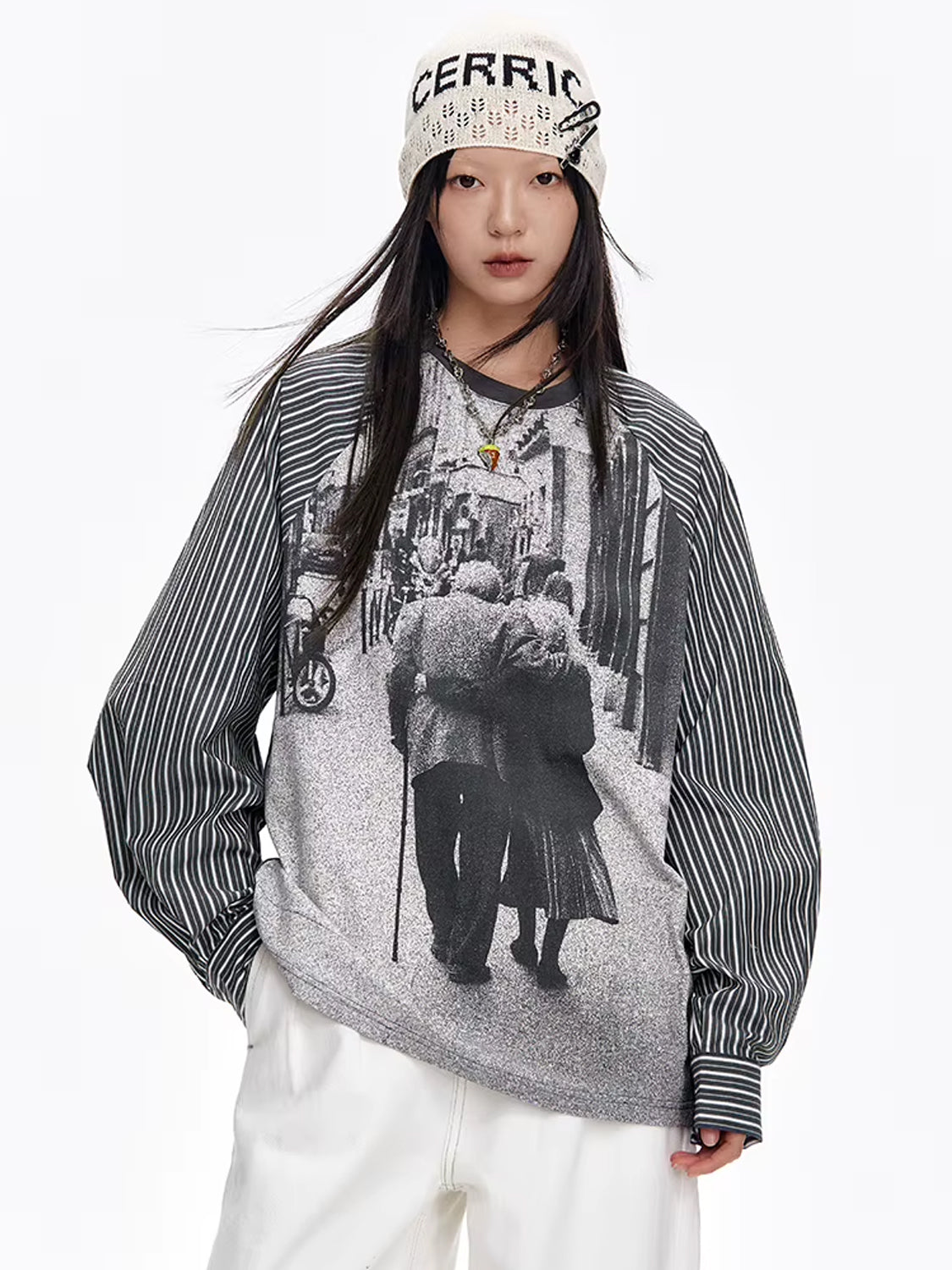 Y2K Photo-Print Top with Striped Sleeves