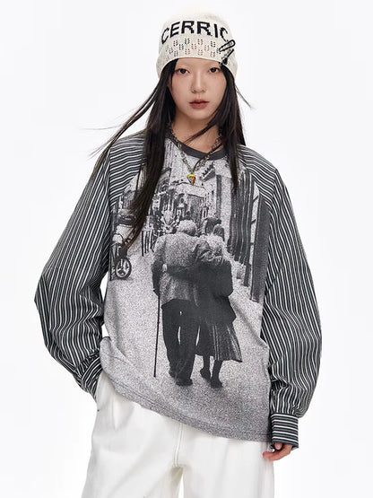Y2K Photo-Print Top with Striped Sleeves