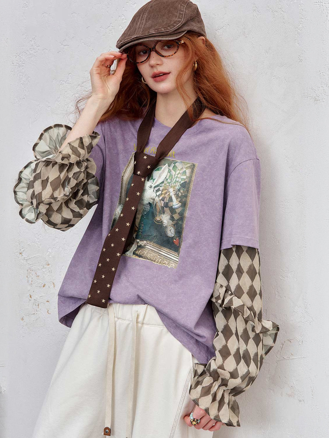 Y2K Layered-Look Graphic Top with Ruffle Sleeves