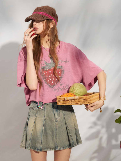 Hand Drawn Strawberry Raw Hem Tee