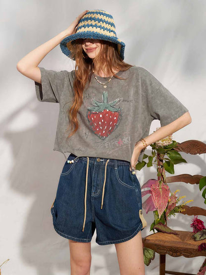 Hand Drawn Strawberry Raw Hem Tee