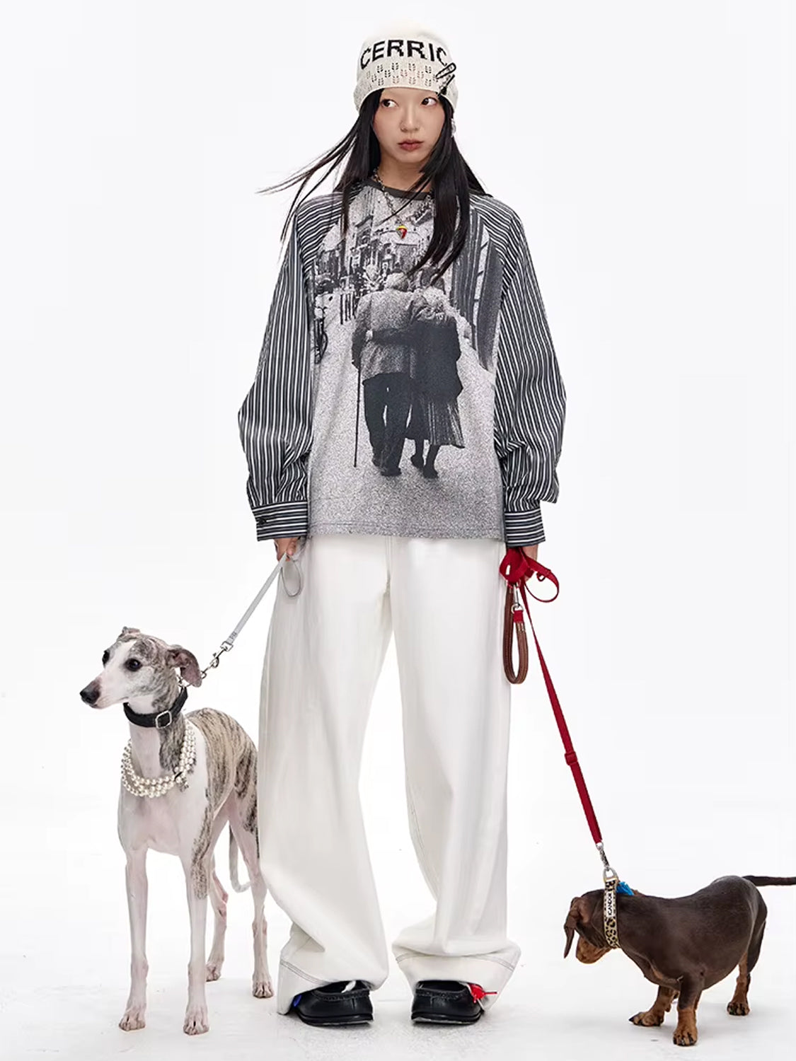 Y2K Photo-Print Top with Striped Sleeves