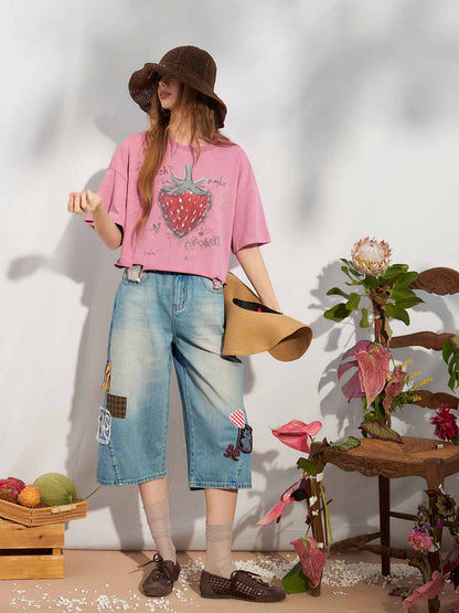 Hand Drawn Strawberry Raw Hem Tee