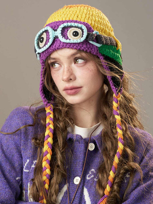 Color-Blocked Crocheted Goggles-adorned Ear-flap Beanie