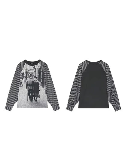 Y2K Photo-Print Top with Striped Sleeves