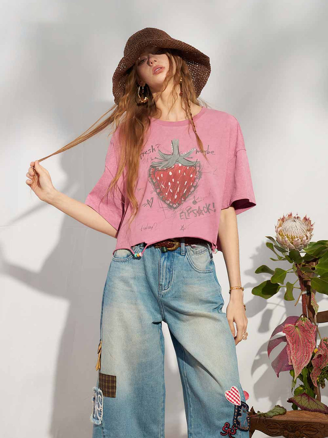 Hand Drawn Strawberry Raw Hem Tee