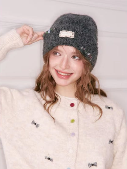 Y2K Casual Solid Color Stone Stacked Beanie