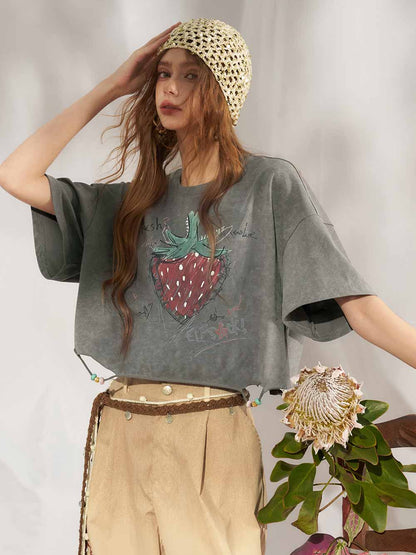 Hand Drawn Strawberry Raw Hem Tee