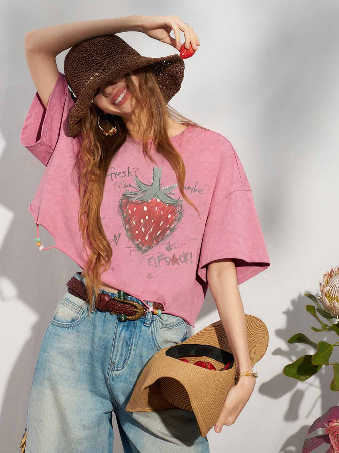 Hand Drawn Strawberry Raw Hem Tee