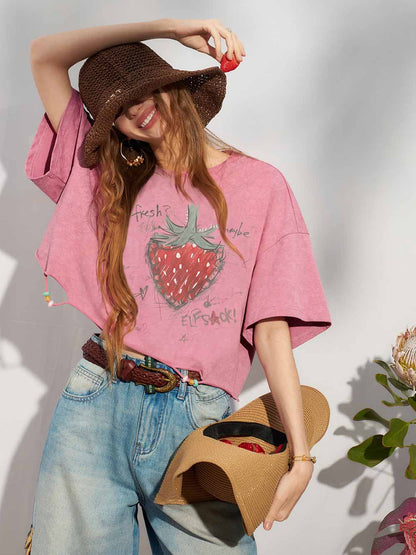 Hand Drawn Strawberry Raw Hem Tee