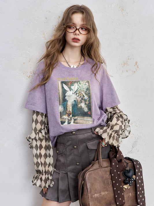 Y2K Layered-Look Graphic Top with Ruffle Sleeves