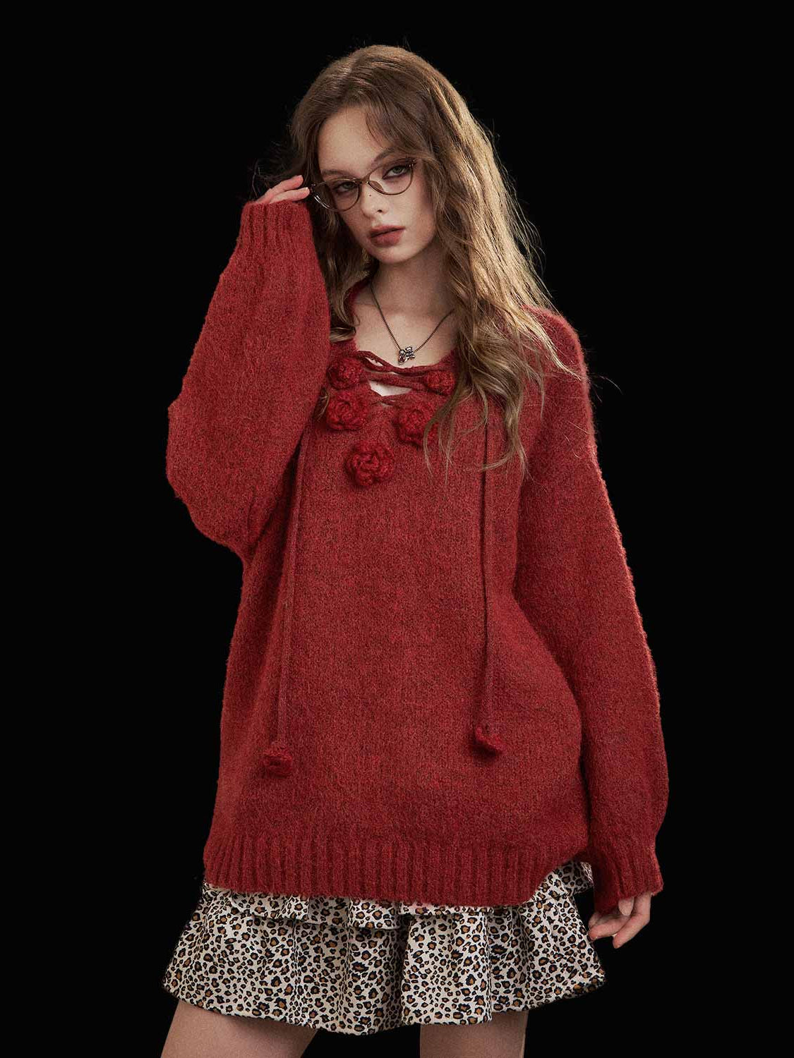 Y2K 3D Rose Drawstring Sweater
