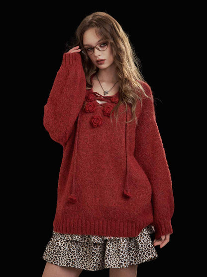 Y2K 3D Rose Drawstring Sweater