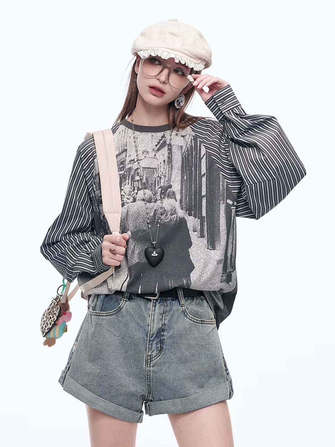 Y2K Photo-Print Top with Striped Sleeves