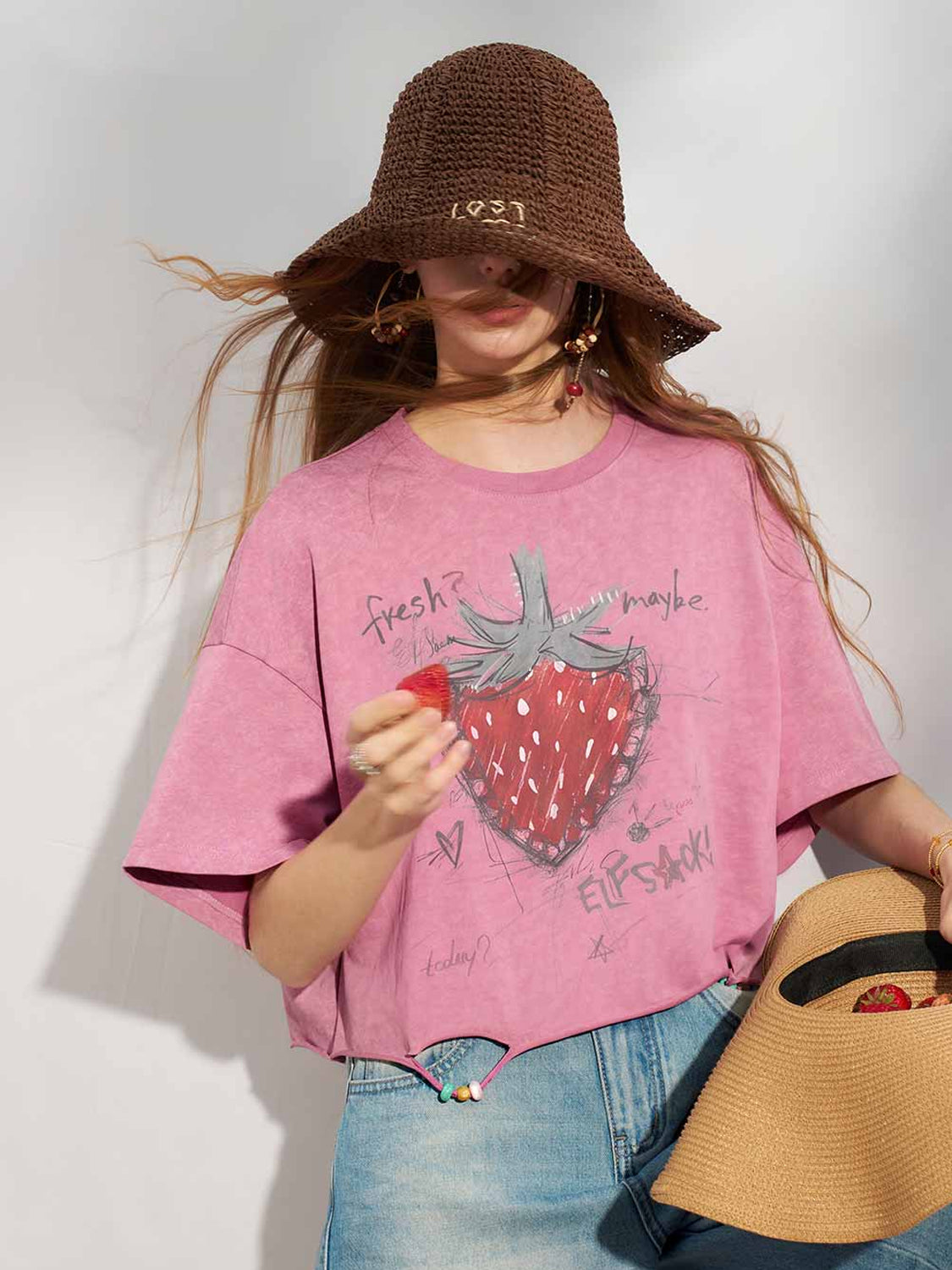 Hand Drawn Strawberry Raw Hem Tee
