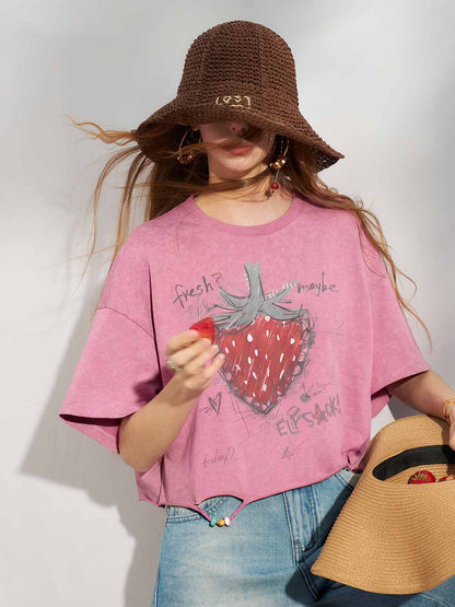 Hand Drawn Strawberry Raw Hem Tee