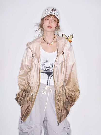 Gradient outdoor hooded jacket, casual retro and relaxed top