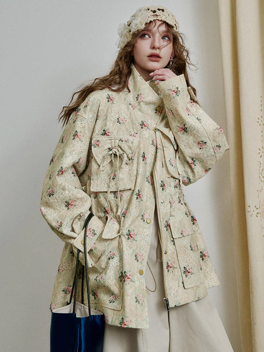 Sweet lace bow print loose coat women zipper long sleeve mid-length jacket