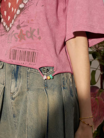 Hand Drawn Strawberry Raw Hem Tee