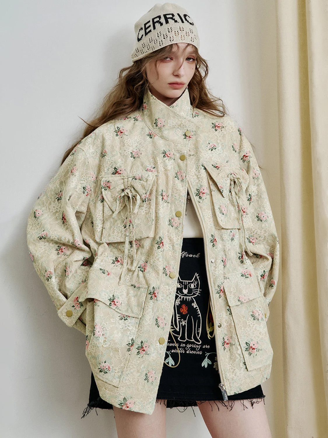 Sweet lace bow print loose coat women zipper long sleeve mid-length jacket