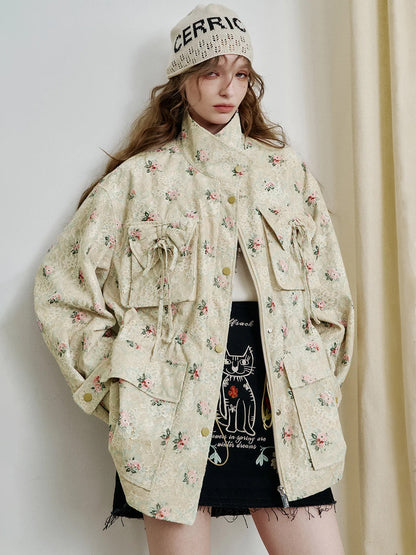Sweet lace bow print loose coat women zipper long sleeve mid-length jacket