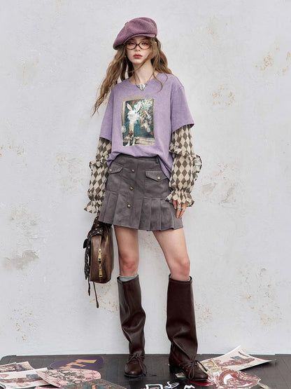 Y2K Layered-Look Graphic Top with Ruffle Sleeves