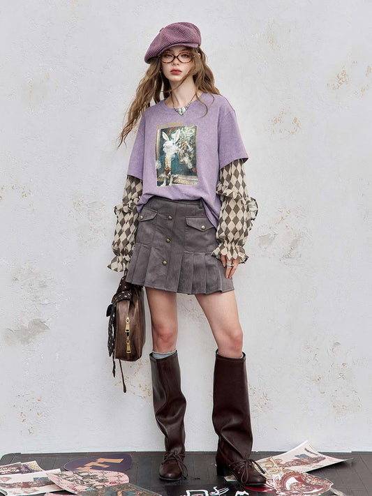 Y2K Layered-Look Graphic Top with Ruffle Sleeves