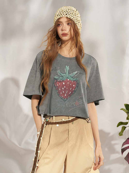 Hand Drawn Strawberry Raw Hem Tee