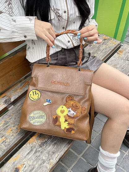 Casual Cute Leather Cartoon Embroidery Backpack School Bag