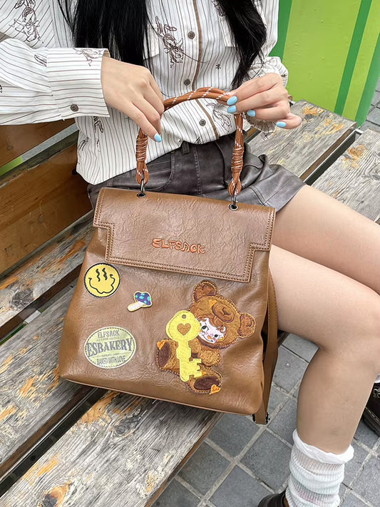 Casual Cute Leather Cartoon Embroidery Backpack School Bag