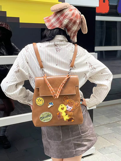 Casual Cute Leather Cartoon Embroidery Backpack School Bag