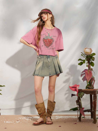 Hand Drawn Strawberry Raw Hem Tee