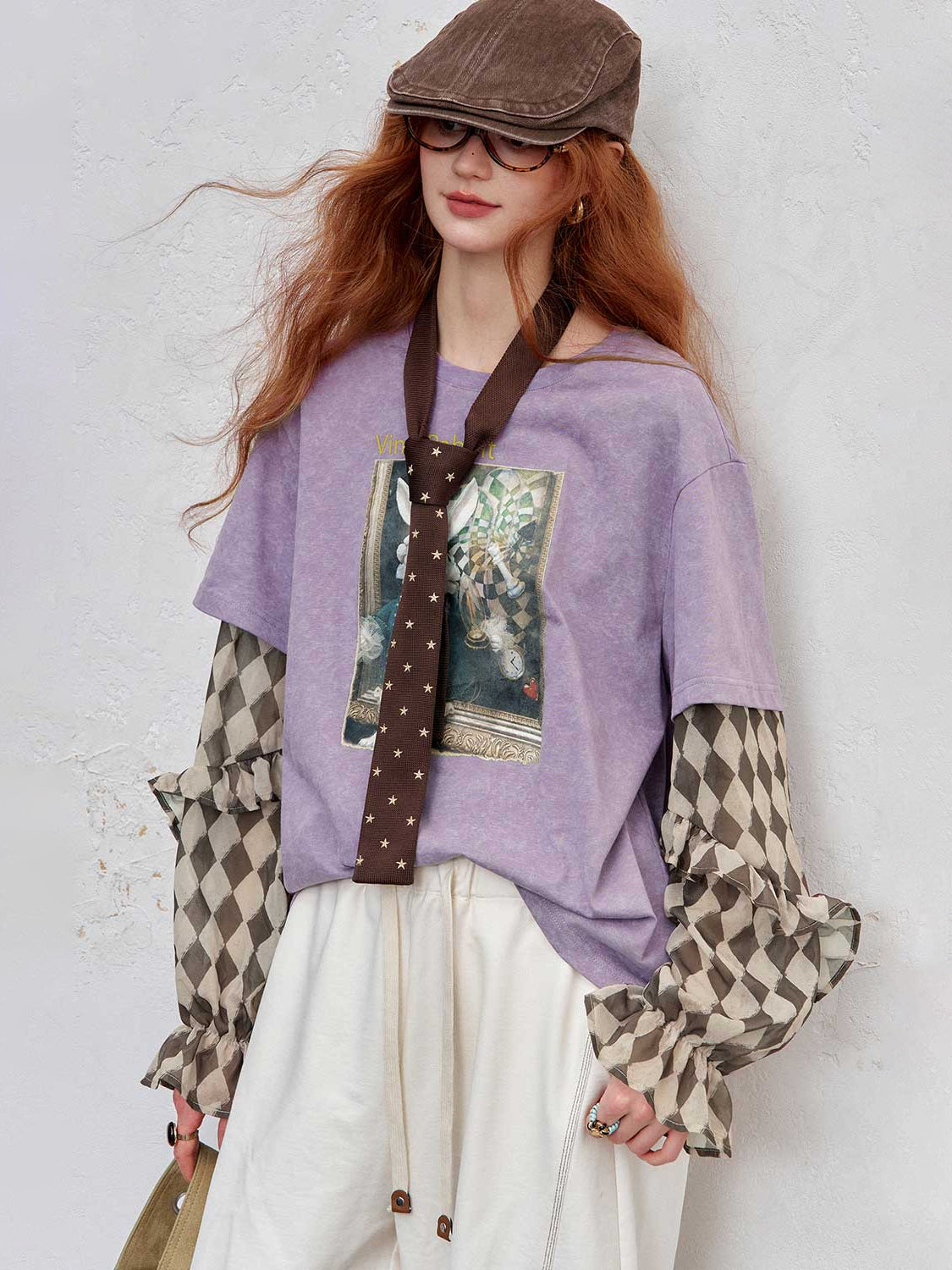 Y2K Layered-Look Graphic Top with Ruffle Sleeves