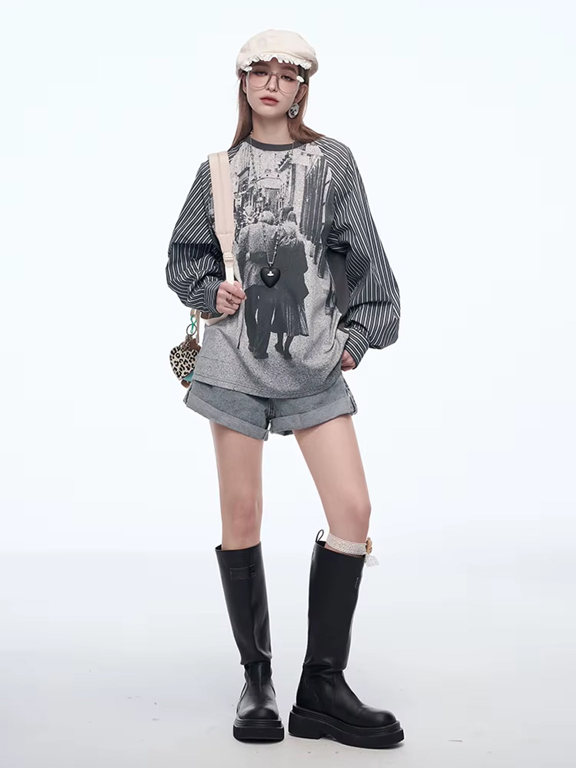 Y2K Photo-Print Top with Striped Sleeves