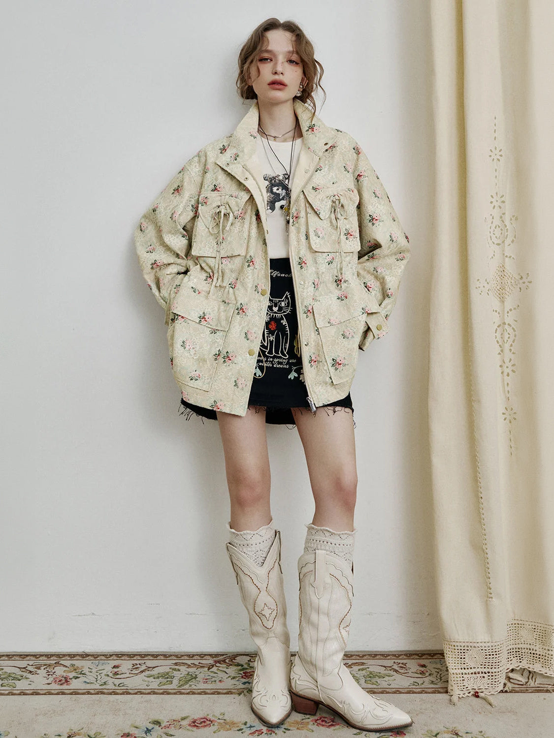 Sweet lace bow print loose coat women zipper long sleeve mid-length jacket