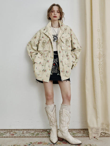 Sweet lace bow print loose coat women zipper long sleeve mid-length jacket
