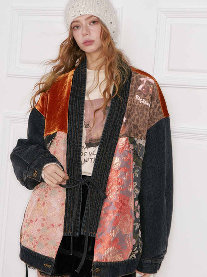 New Oriental Vintage Patchwork Pattern Design Suede Coat