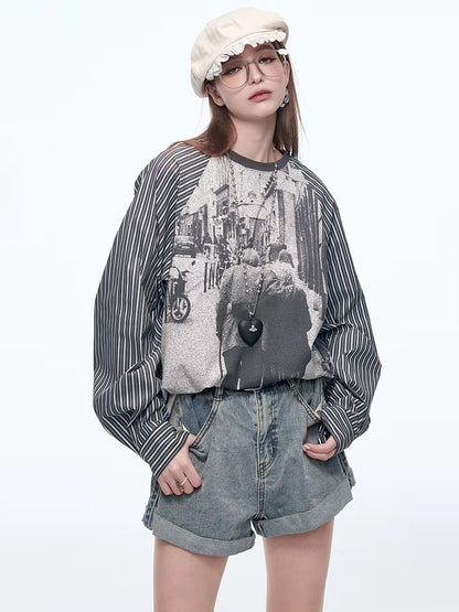 Y2K Photo-Print Top with Striped Sleeves