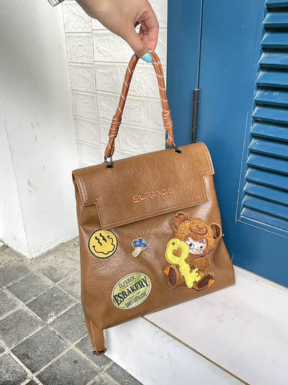 Casual Cute Leather Cartoon Embroidery Backpack School Bag