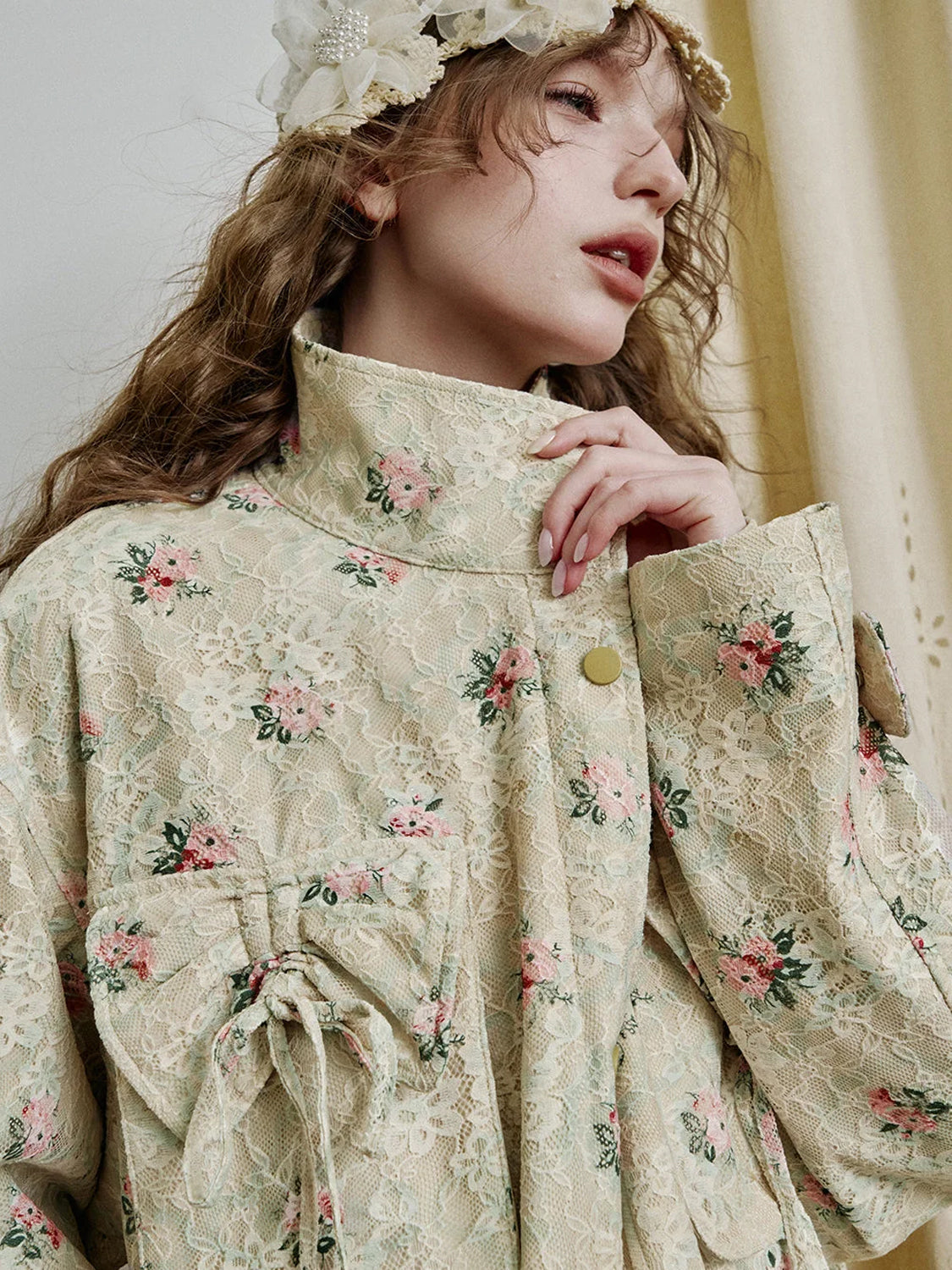 Sweet lace bow print loose coat women zipper long sleeve mid-length jacket
