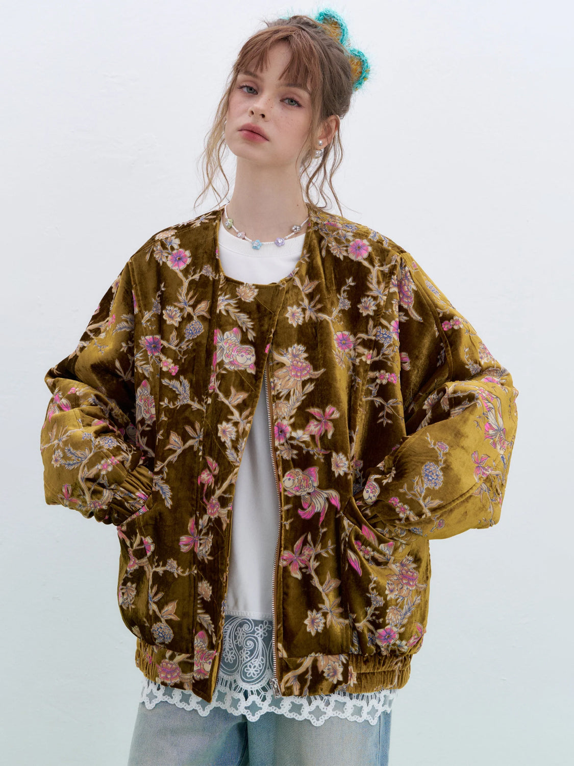 Vintage Goldfish-Embroidered Velvet Jacket