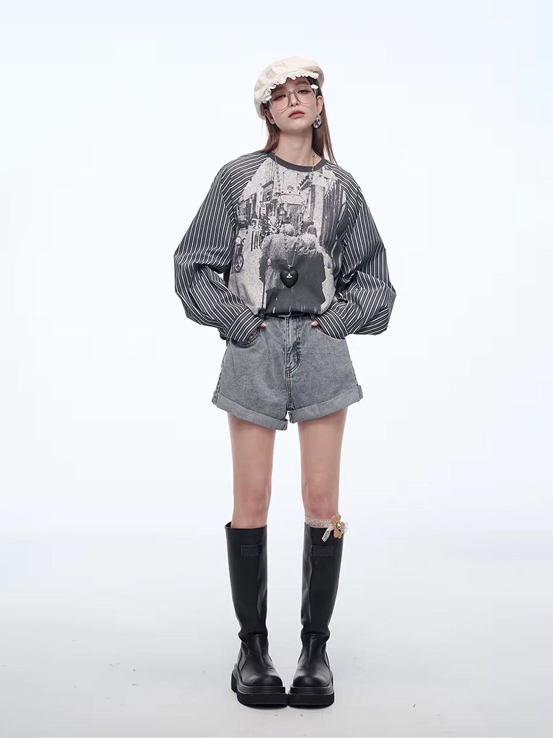 Y2K Photo-Print Top with Striped Sleeves