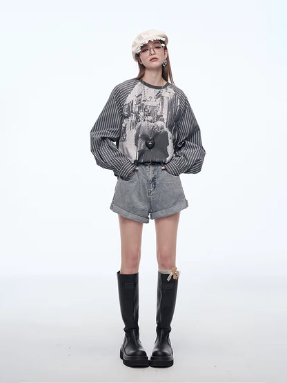 Y2K Photo-Print Top with Striped Sleeves