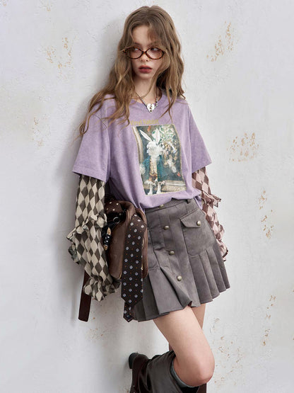 Y2K Layered-Look Graphic Top with Ruffle Sleeves
