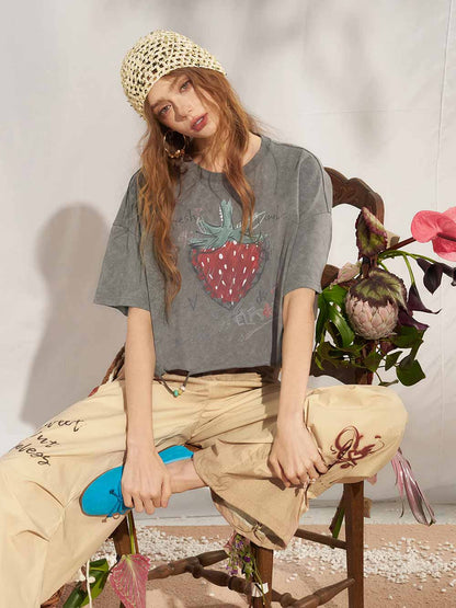 Hand Drawn Strawberry Raw Hem Tee
