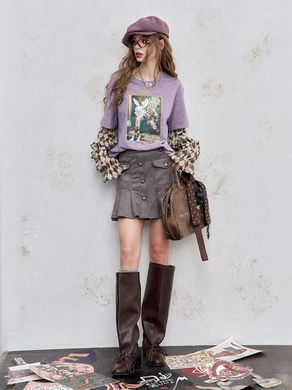 Y2K Layered-Look Graphic Top with Ruffle Sleeves