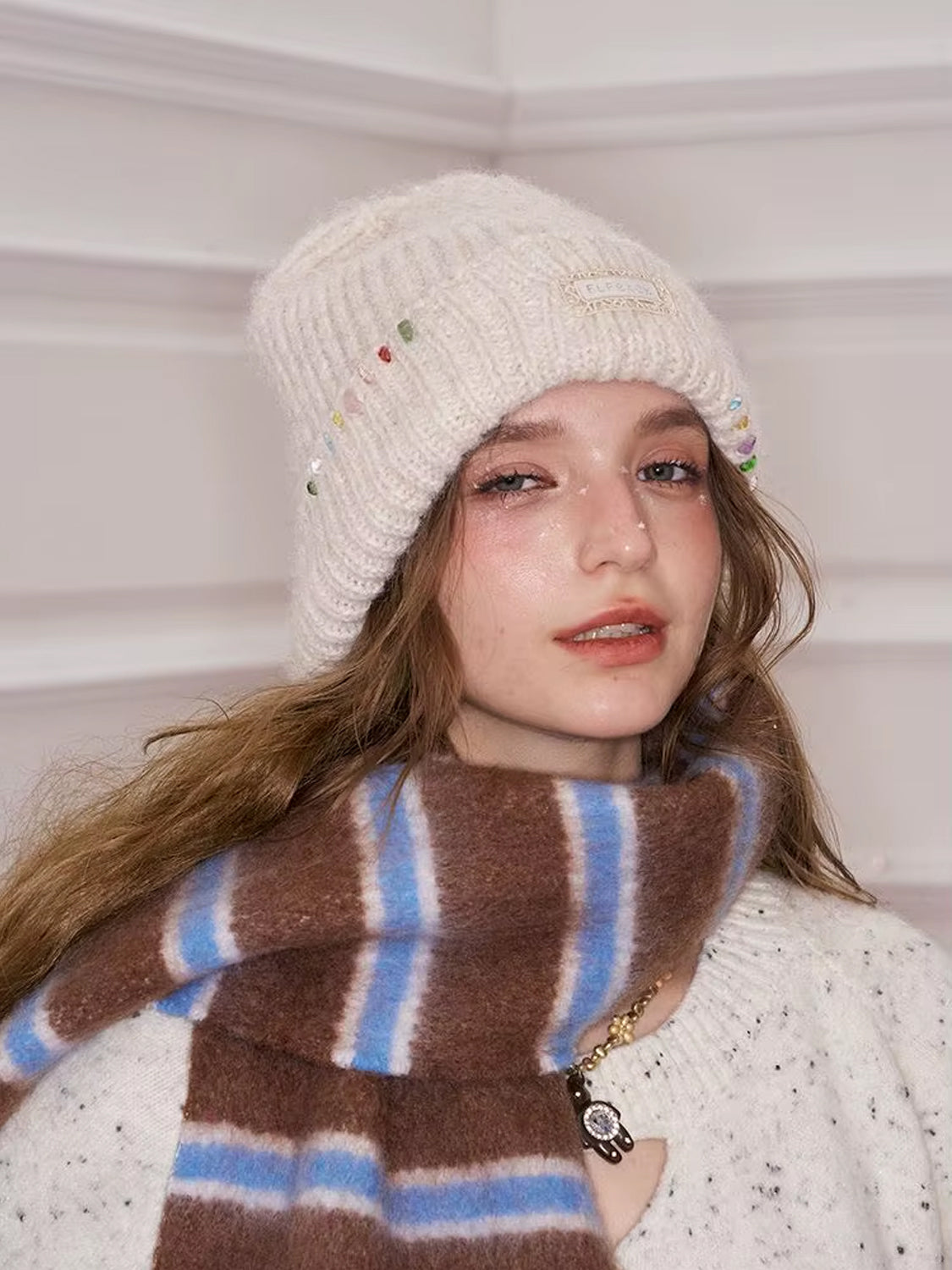 Y2K Casual Solid Color Stone Stacked Beanie