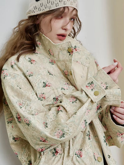 Sweet lace bow print loose coat women zipper long sleeve mid-length jacket